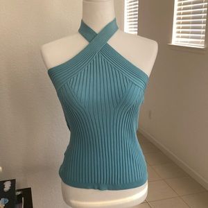 Cache sweater halter top M/ baby blue criss cross neck